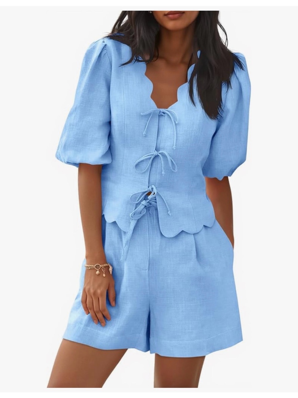 Light Blue Scalloped Tie-Front Linen Top & Shorts Set